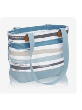 Thirty One bags Canvas Tote Teal Stripe small zip top brush strokes